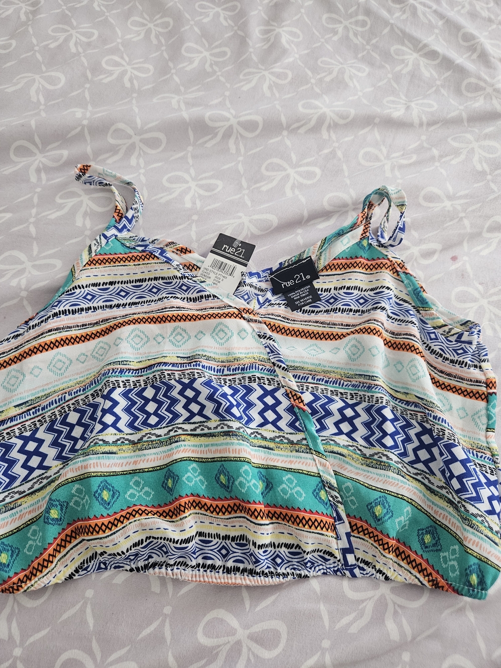 Rue21 Multicolor Striped Tribal Print Crop Top- Teal/Blue/Coral/White